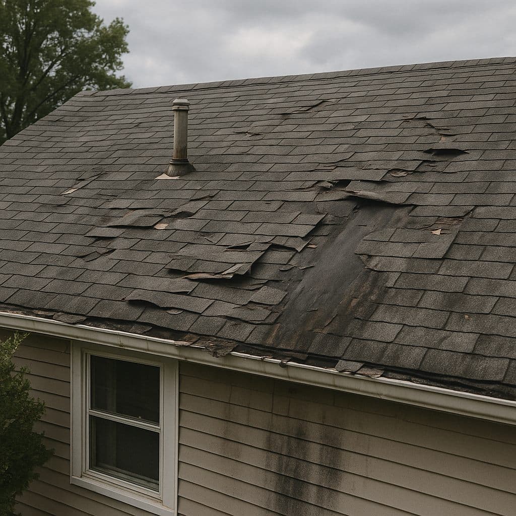 Close-up roofing material inspection after hail damage